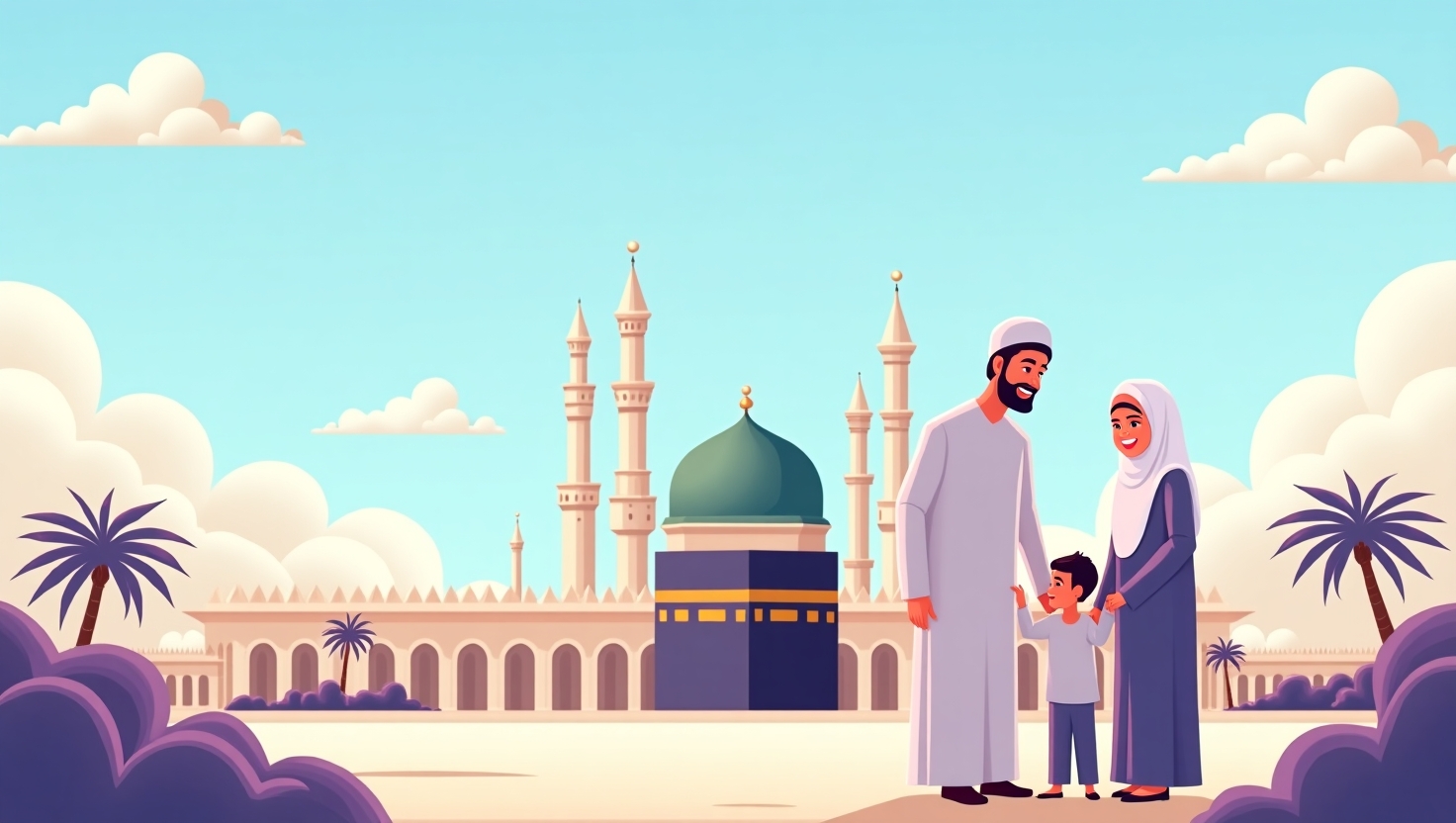 Keluarga Muslim Bahagia Berdoa untuk Umroh